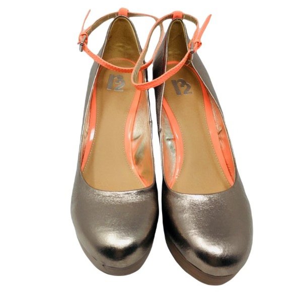 R2 Larissa Wedge Platform Ankle Strap Metallic Sparkle Gunmetal Neon Orange 10 - Picture 2 of 8